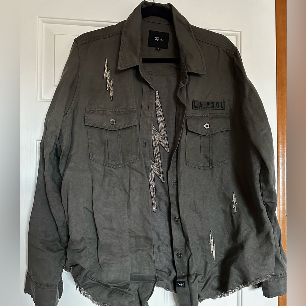 Rails Olive Green Button-Down Shirt with Lightning Embellishments